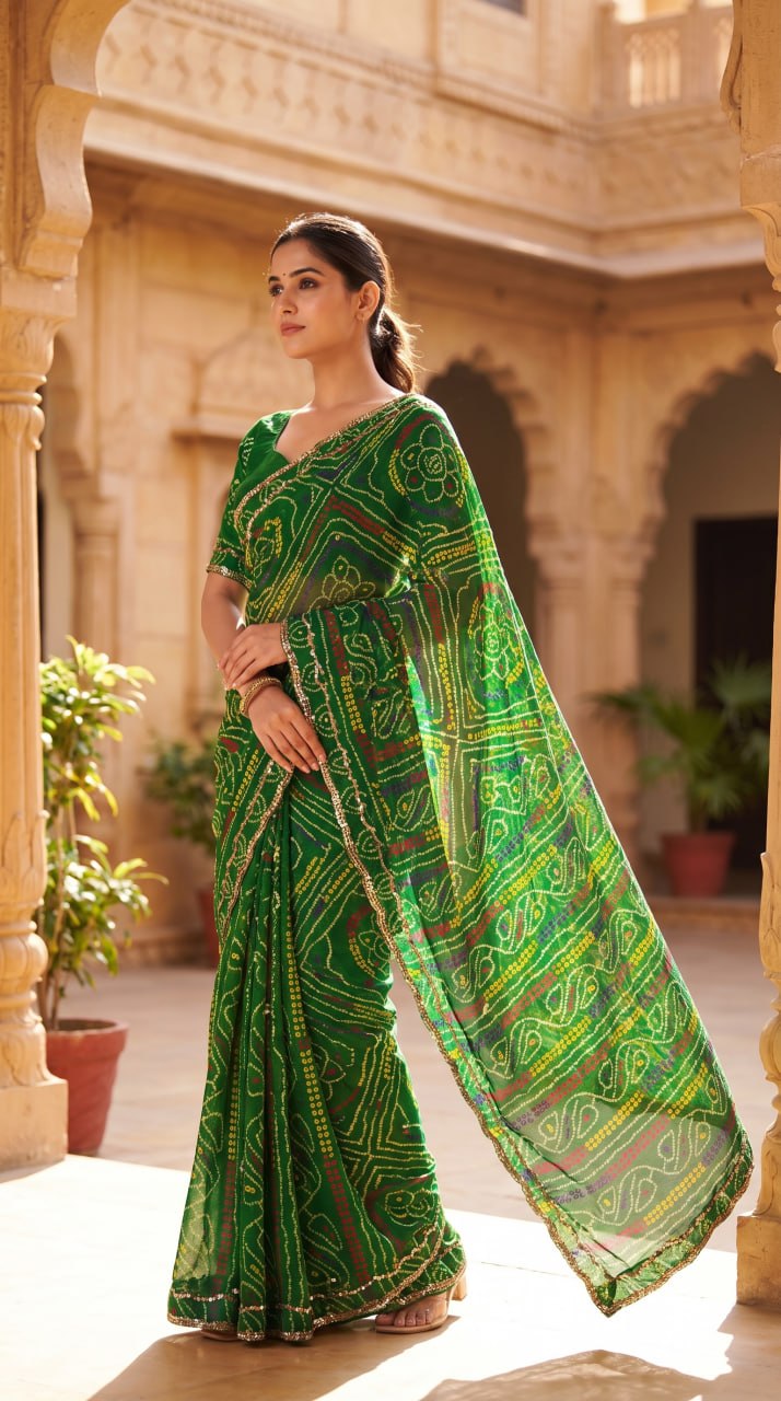 Rajasthani Bandhani Style Georgette Saree- MAHENDI GREEN