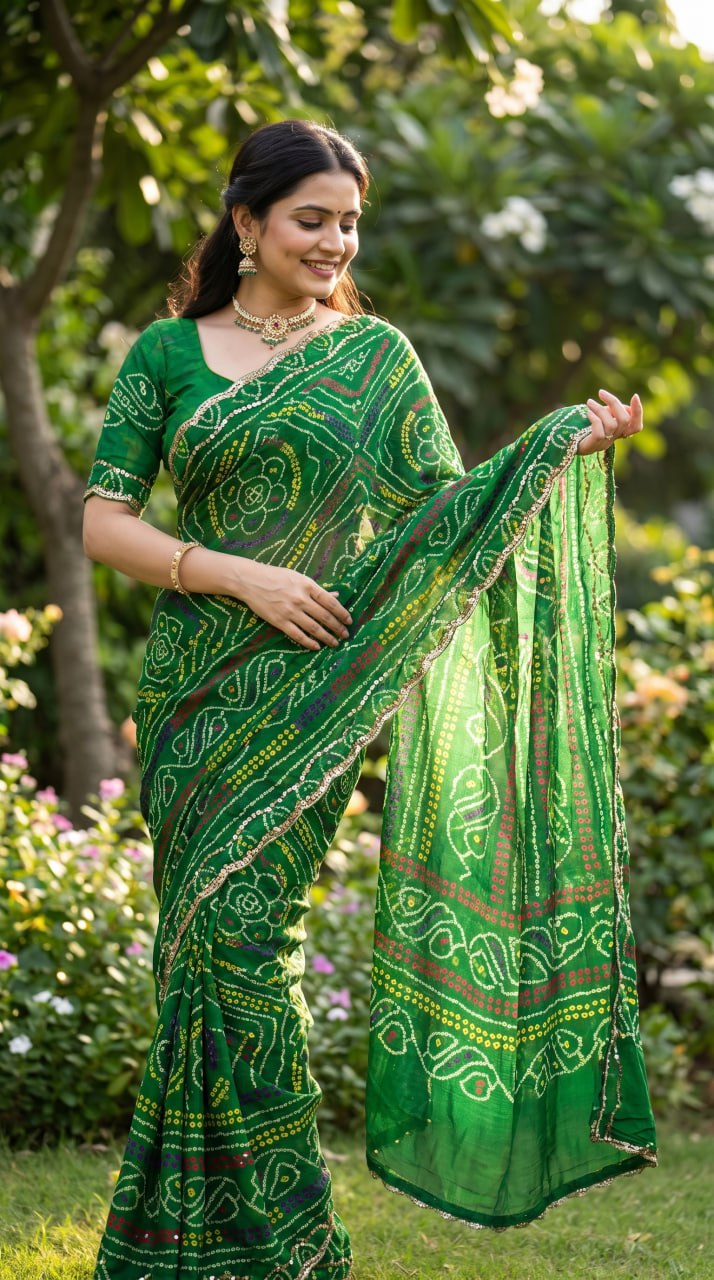 Rajasthani Bandhani Style Georgette Saree- MAHENDI GREEN
