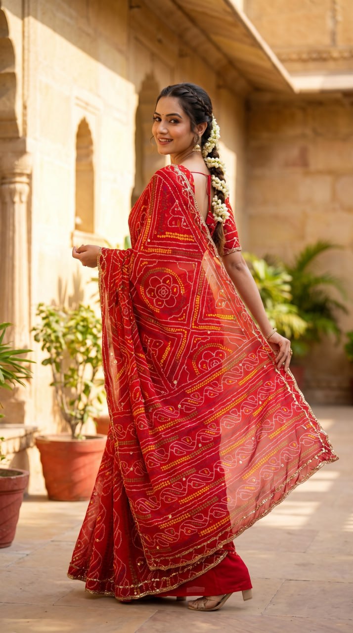 Rajasthani Bandhani Style Georgette Saree-   RED