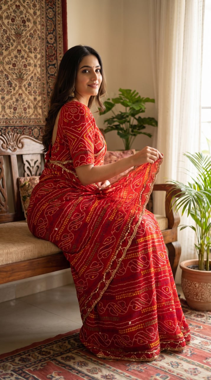 Rajasthani Bandhani Style Georgette Saree-   RED
