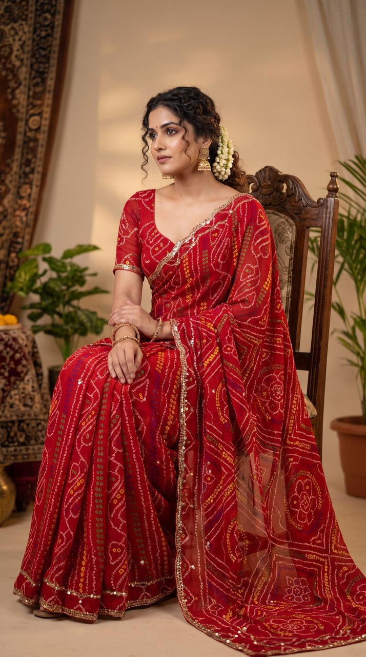 Rajasthani Bandhani Style Georgette Saree-   RED