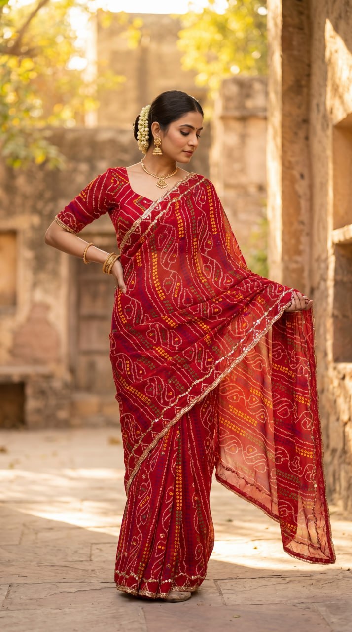Rajasthani Bandhani Style Georgette Saree-   RED