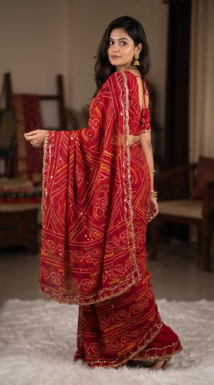 Rajasthani Bandhani Style Georgette Saree-   RED