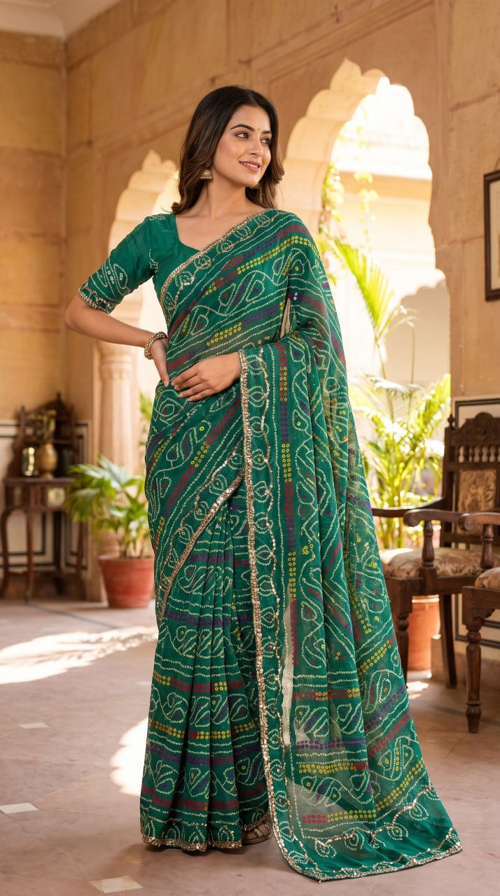 Rajasthani Bandhani Style Georgette Saree- GREEN