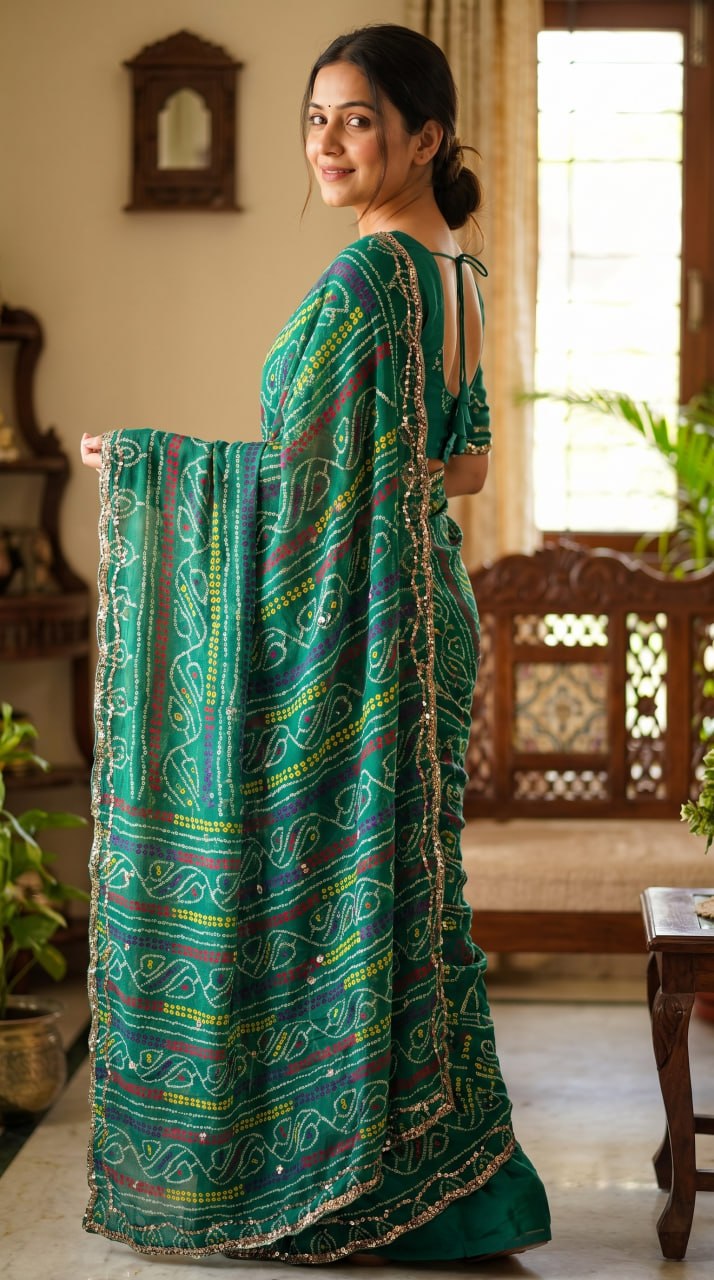 Rajasthani Bandhani Style Georgette Saree- GREEN