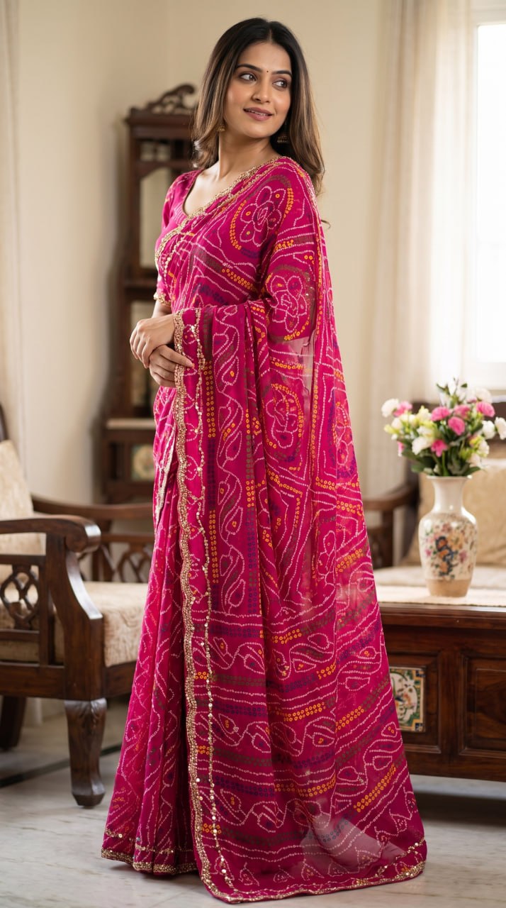 Rajasthani Bandhani Style Georgette Saree-    RANI PINK
