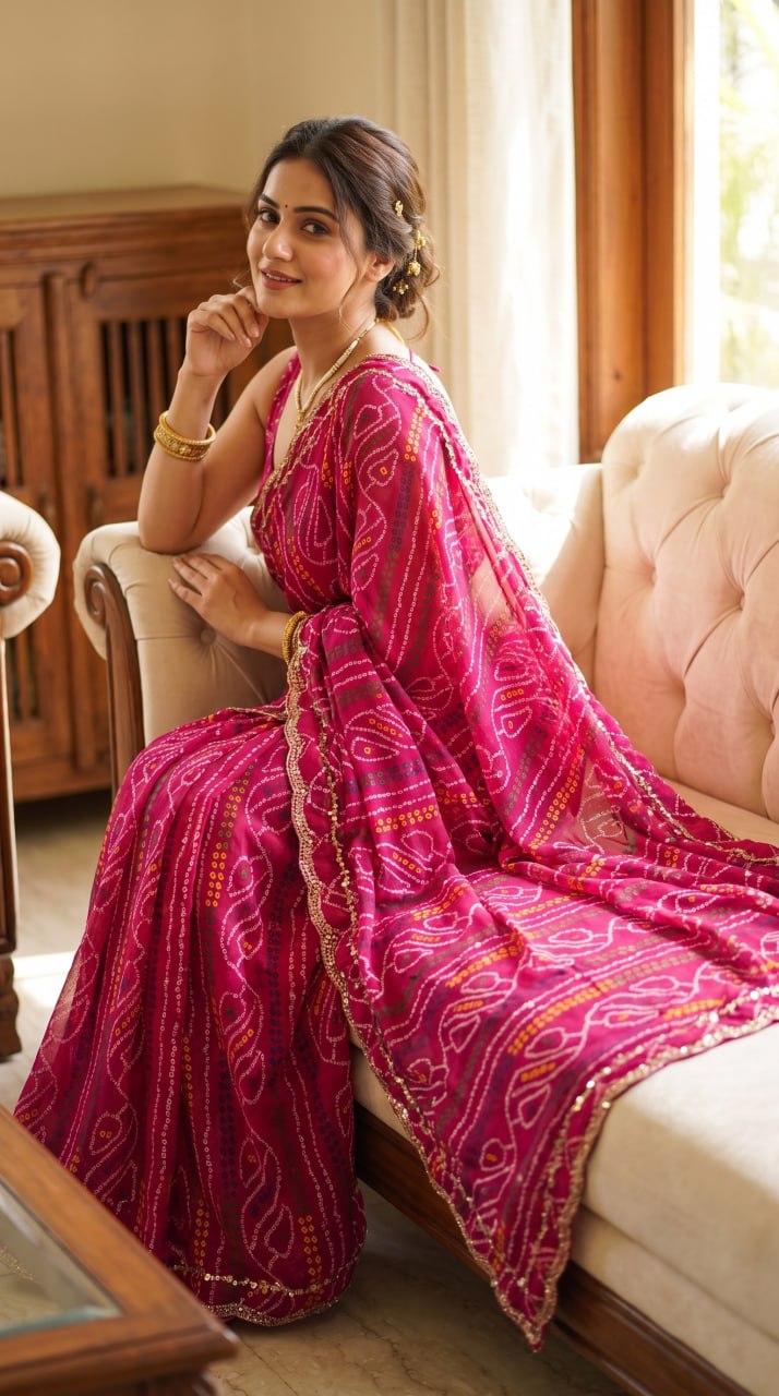 Rajasthani Bandhani Style Georgette Saree-    RANI PINK