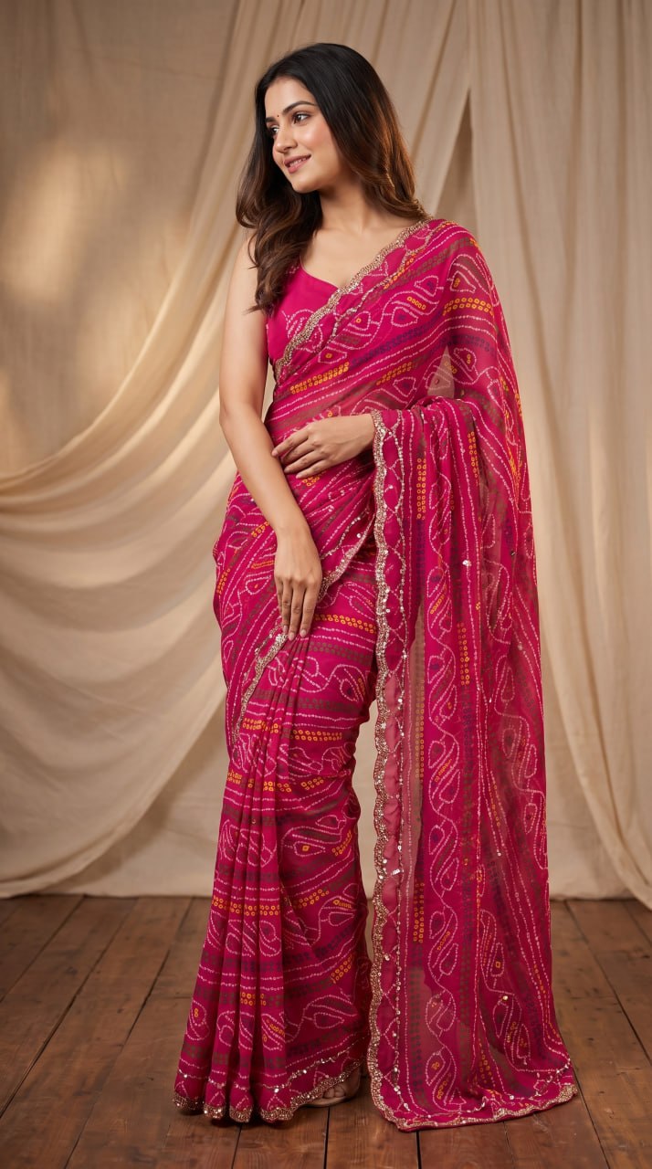 Rajasthani Bandhani Style Georgette Saree-    RANI PINK