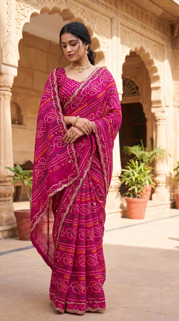 Rajasthani Bandhani Style Georgette Saree-    RANI PINK