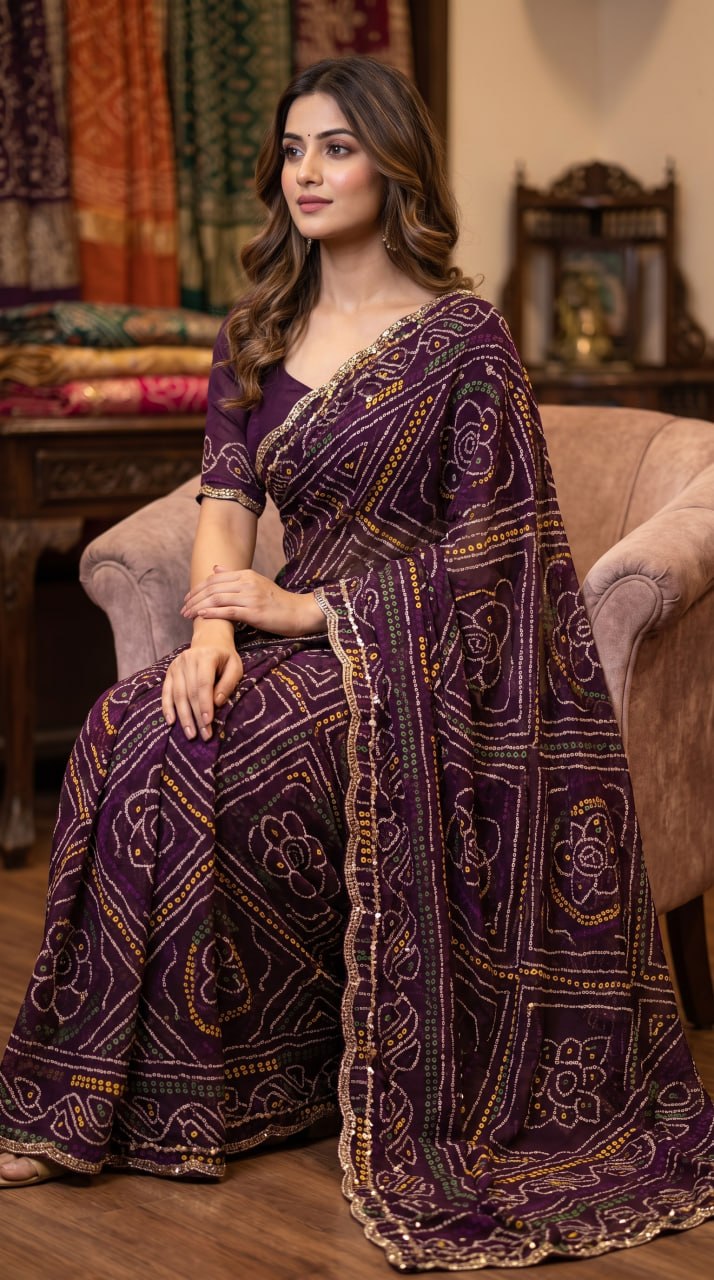 Rajasthani Bandhani Style Georgette Saree-  WINE