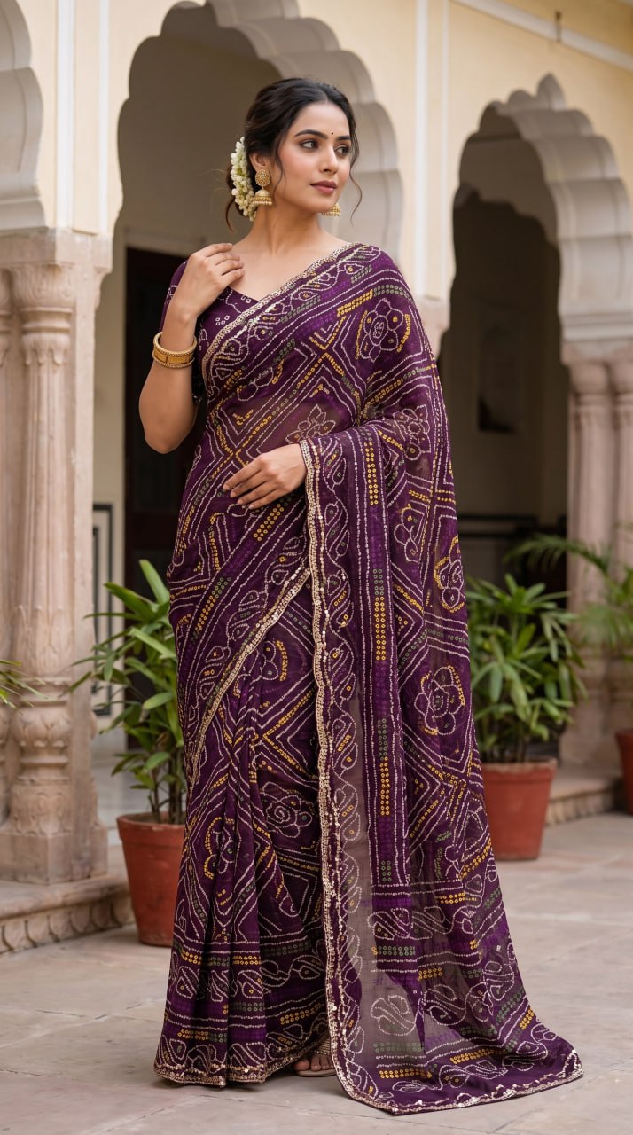 Rajasthani Bandhani Style Georgette Saree-  WINE