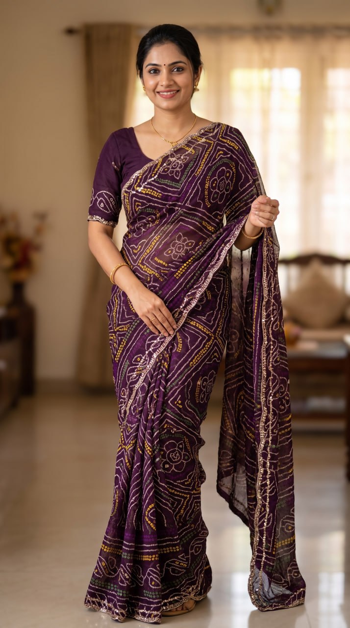 Rajasthani Bandhani Style Georgette Saree-  WINE