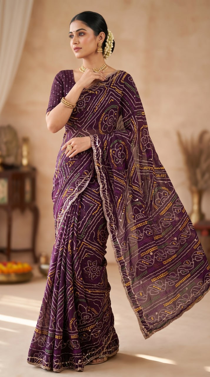 Rajasthani Bandhani Style Georgette Saree-  WINE