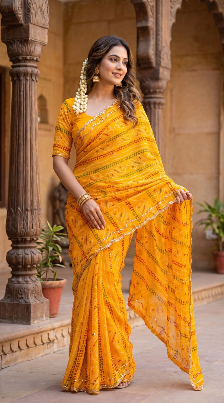 Rajasthani Bandhani Style Georgette Saree-  YELLOW