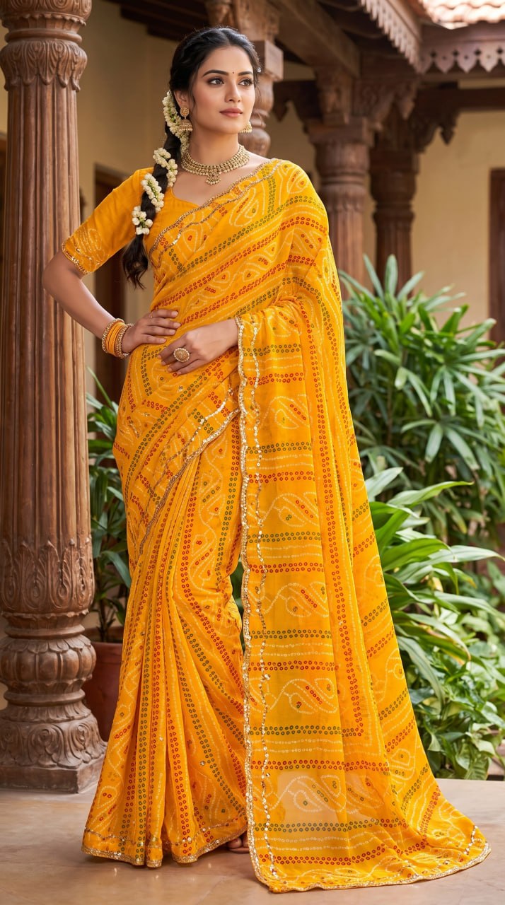 Rajasthani Bandhani Style Georgette Saree-  YELLOW