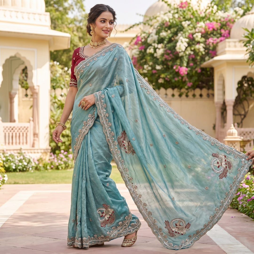 Royal Aqua Peacock Embroidered Silk Saree - SKY