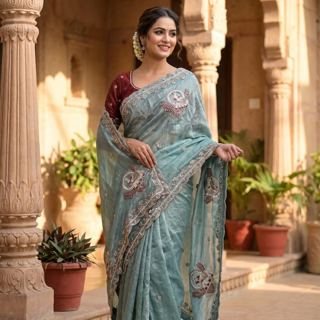 Royal Aqua Peacock Embroidered Silk Saree - SKY