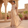 Royal Aqua Peacock Embroidered Silk Saree - CREAM