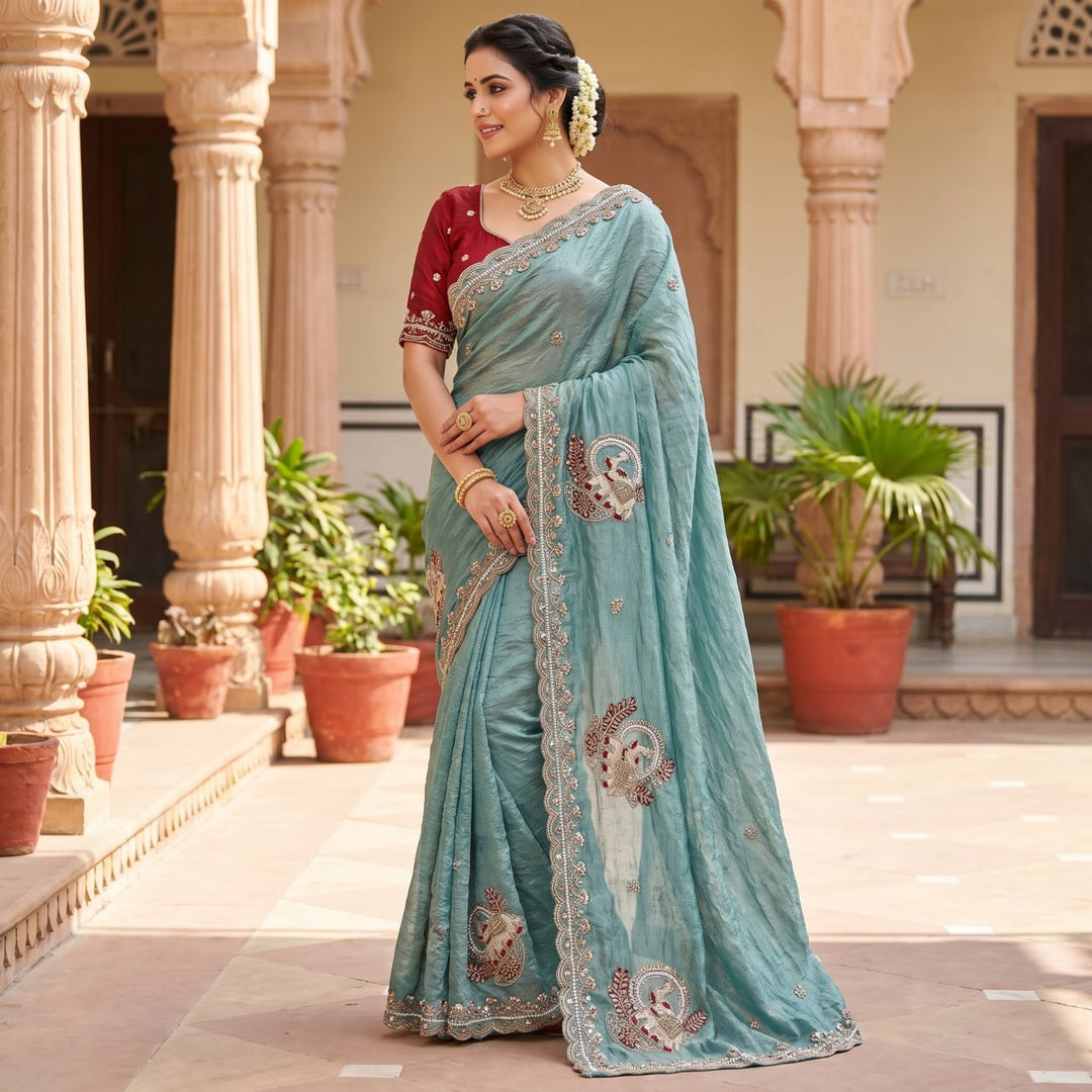 Royal Aqua Peacock Embroidered Silk Saree - SKY