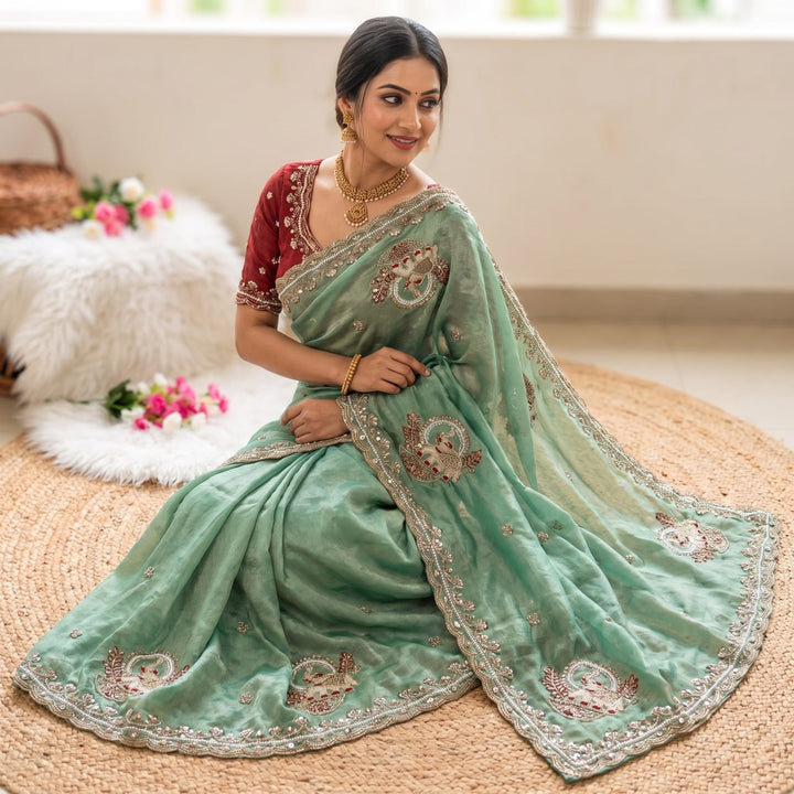 Royal Aqua Peacock Embroidered Silk Saree - PISTA