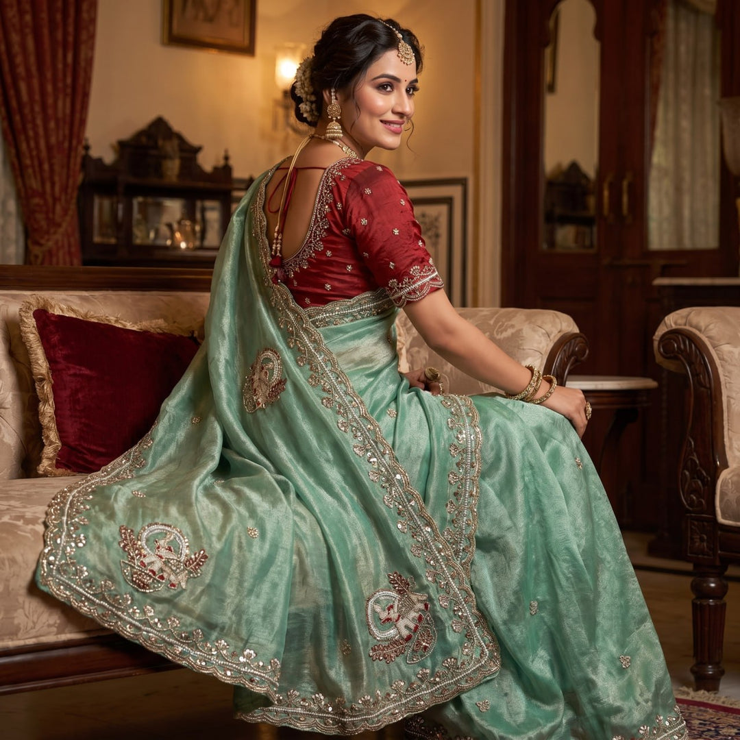 Royal Aqua Peacock Embroidered Silk Saree - PISTA