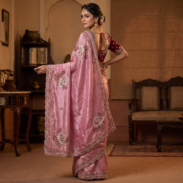 Royal Aqua Peacock Embroidered Silk Saree - ONION PINK