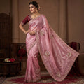 Royal Aqua Peacock Embroidered Silk Saree - ONION PINK