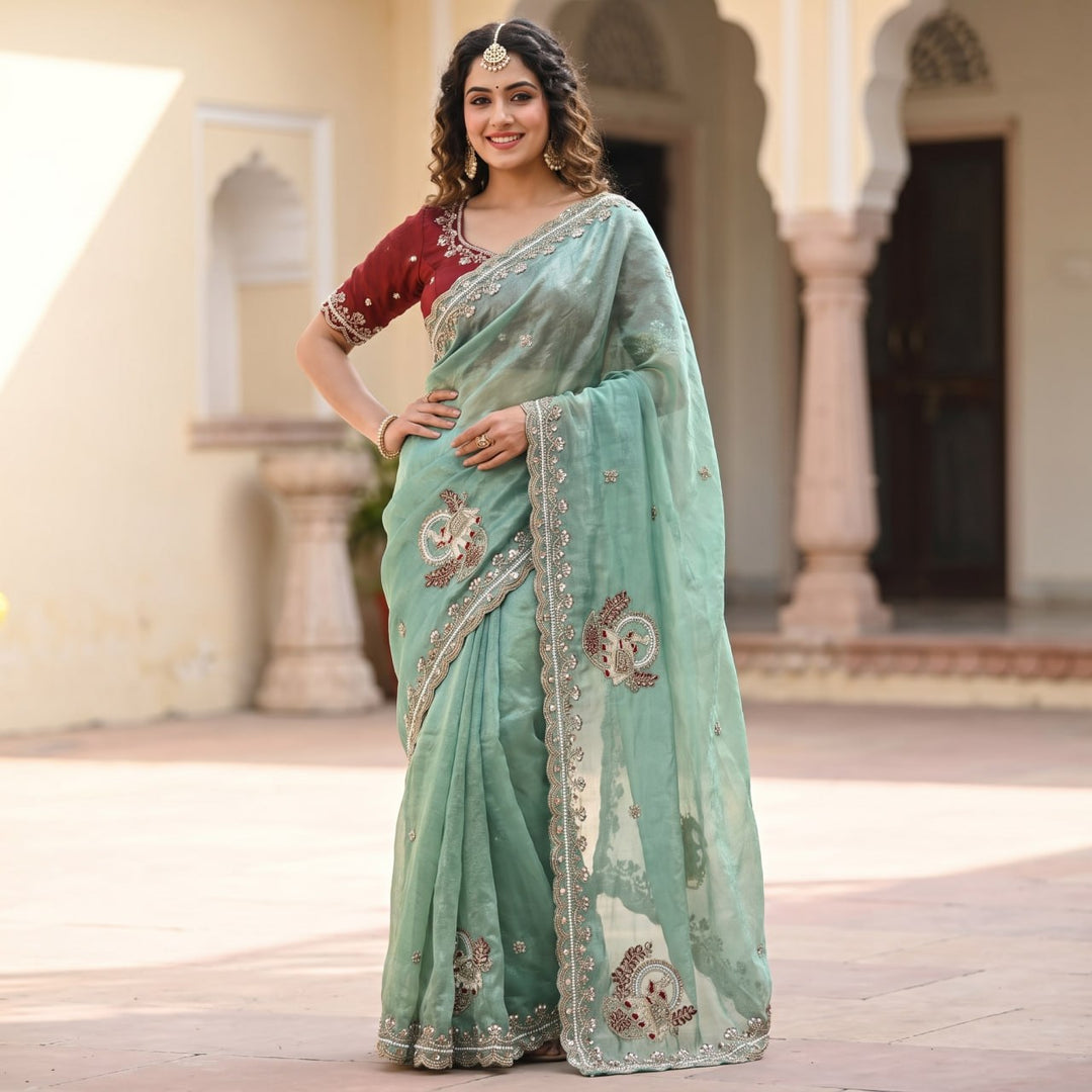 Royal Aqua Peacock Embroidered Silk Saree - PISTA