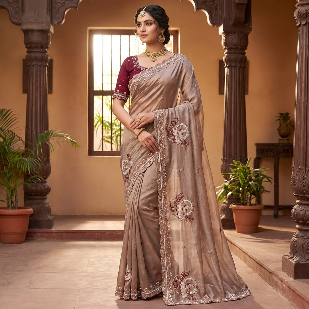 Royal Aqua Peacock Embroidered Silk Saree - BEIGE