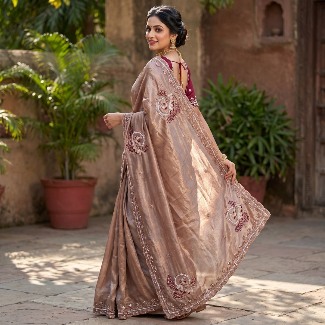 Royal Aqua Peacock Embroidered Silk Saree - BEIGE