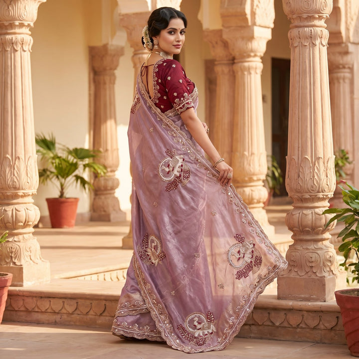 Royal Aqua Peacock Embroidered Silk Saree - ROSE PINK