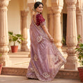 Royal Aqua Peacock Embroidered Silk Saree - ROSE PINK