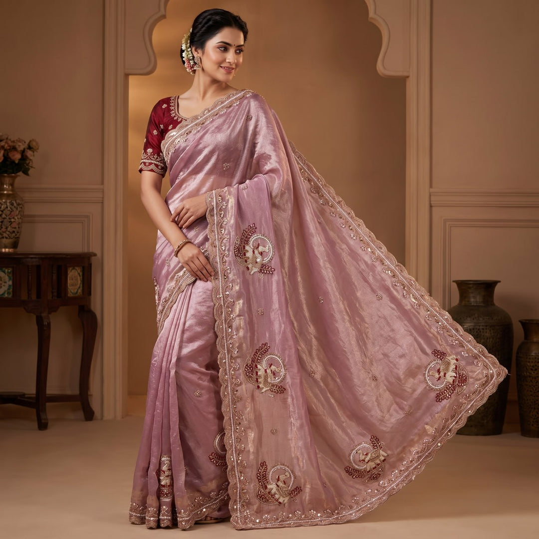 Royal Aqua Peacock Embroidered Silk Saree - ROSE PINK
