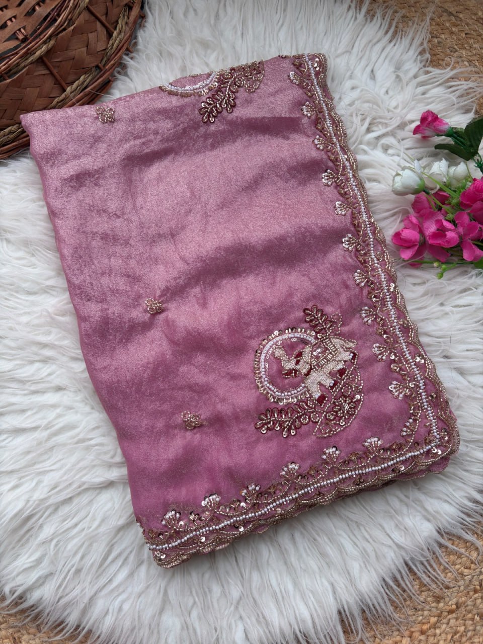 Royal Aqua Peacock Embroidered Silk Saree - ONION PINK