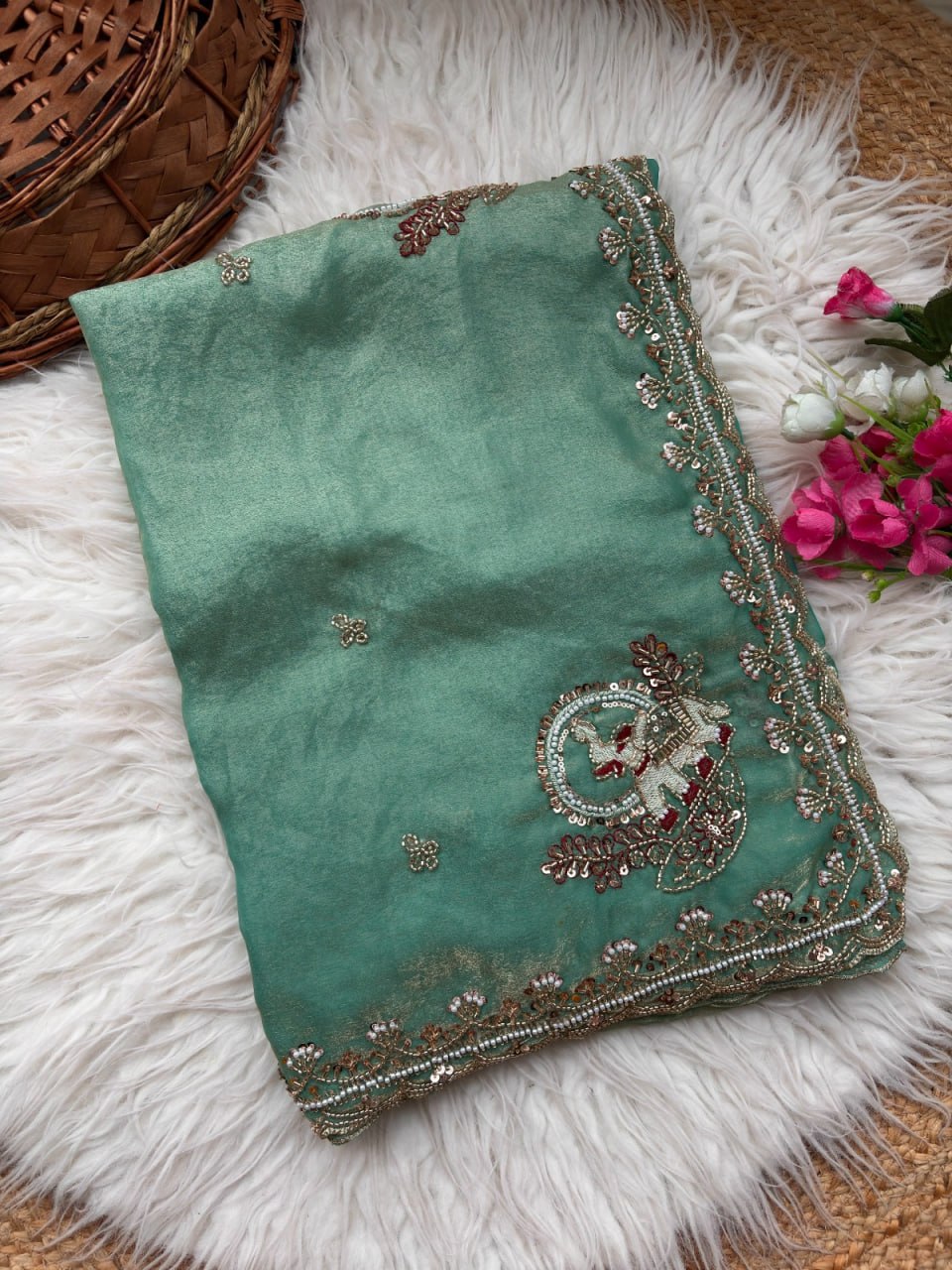 Royal Aqua Peacock Embroidered Silk Saree - PISTA