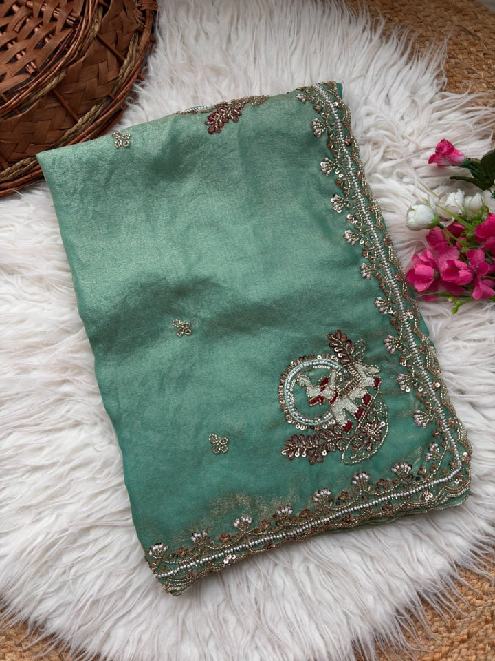 Royal Aqua Peacock Embroidered Silk Saree - PISTA