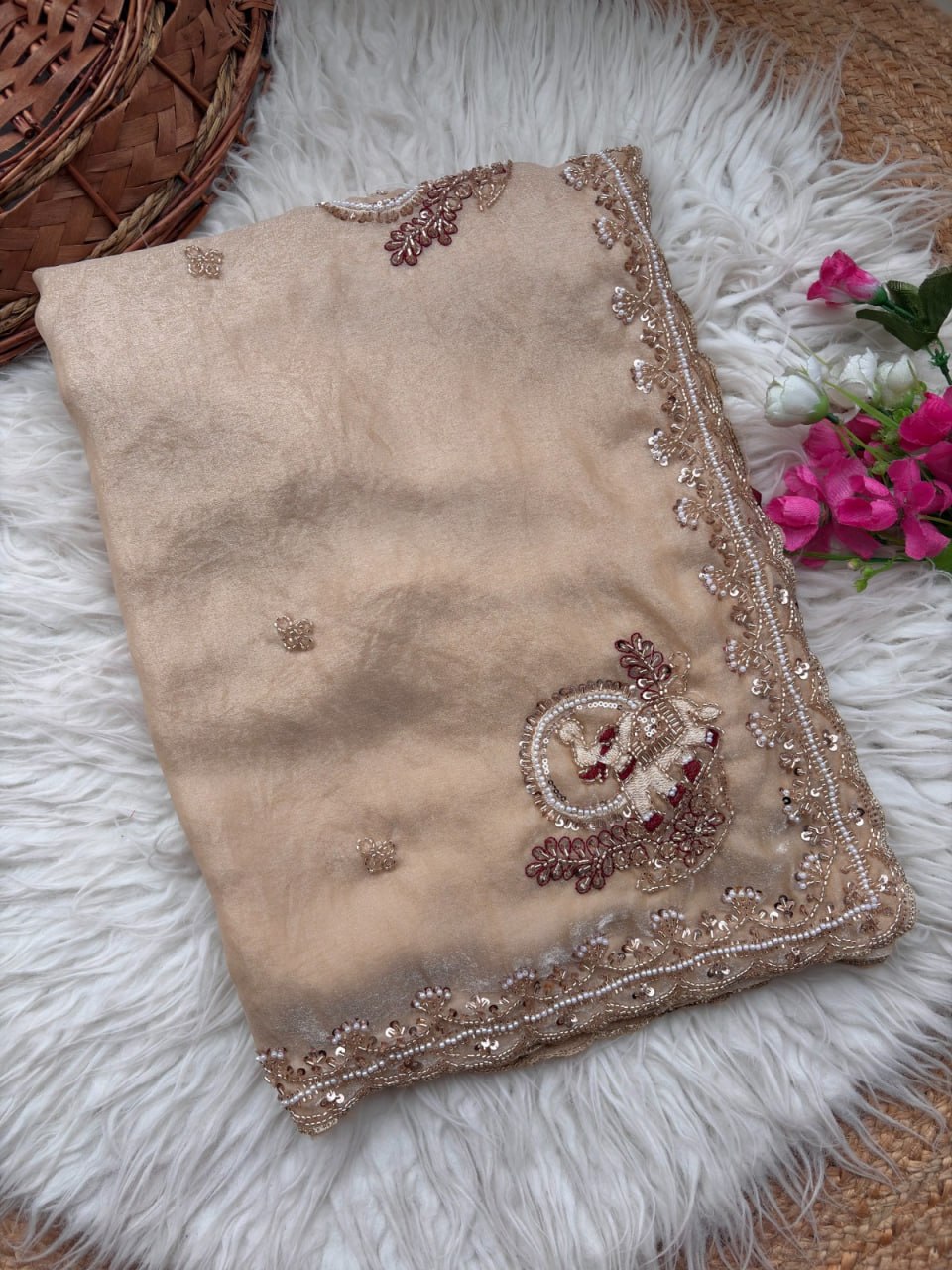 Royal Aqua Peacock Embroidered Silk Saree - CREAM