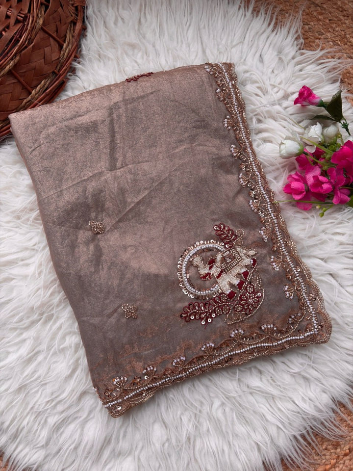 Royal Aqua Peacock Embroidered Silk Saree - BEIGE