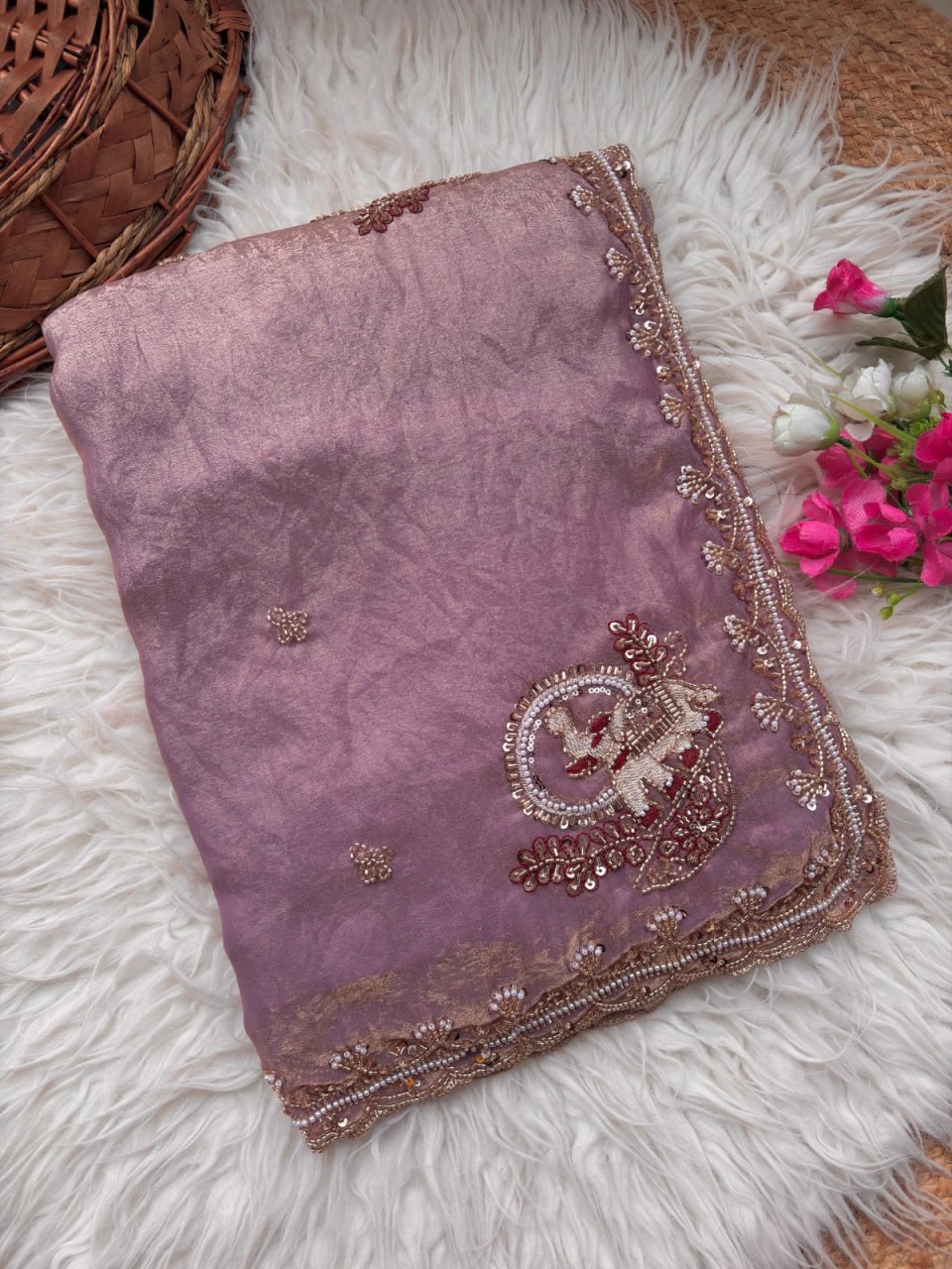 Royal Aqua Peacock Embroidered Silk Saree - ROSE PINK