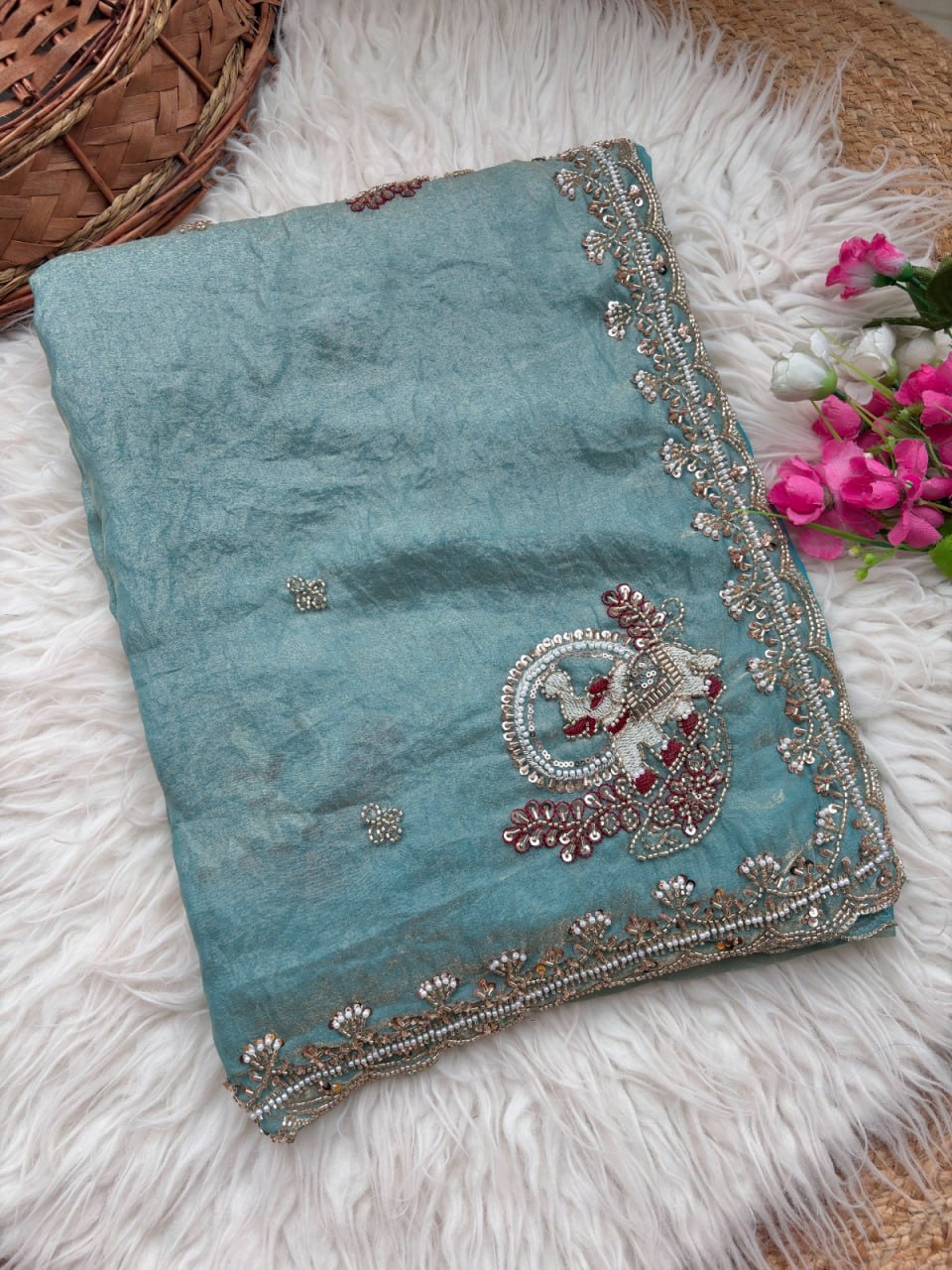 Royal Aqua Peacock Embroidered Silk Saree - SKY