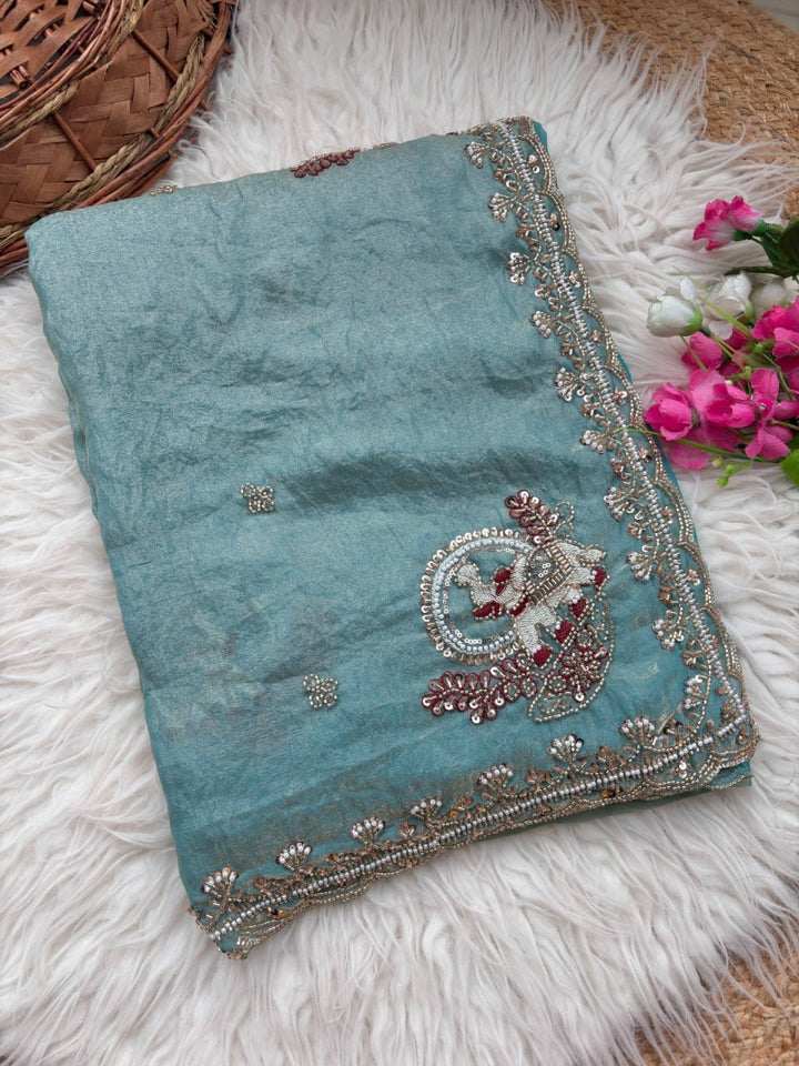 Royal Aqua Peacock Embroidered Silk Saree - SKY