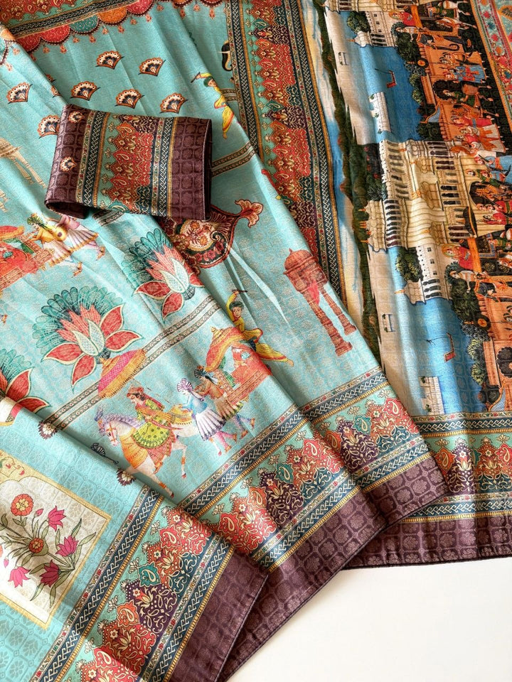 Royal Heritage Digital Print Saree - OCEAN BLUE