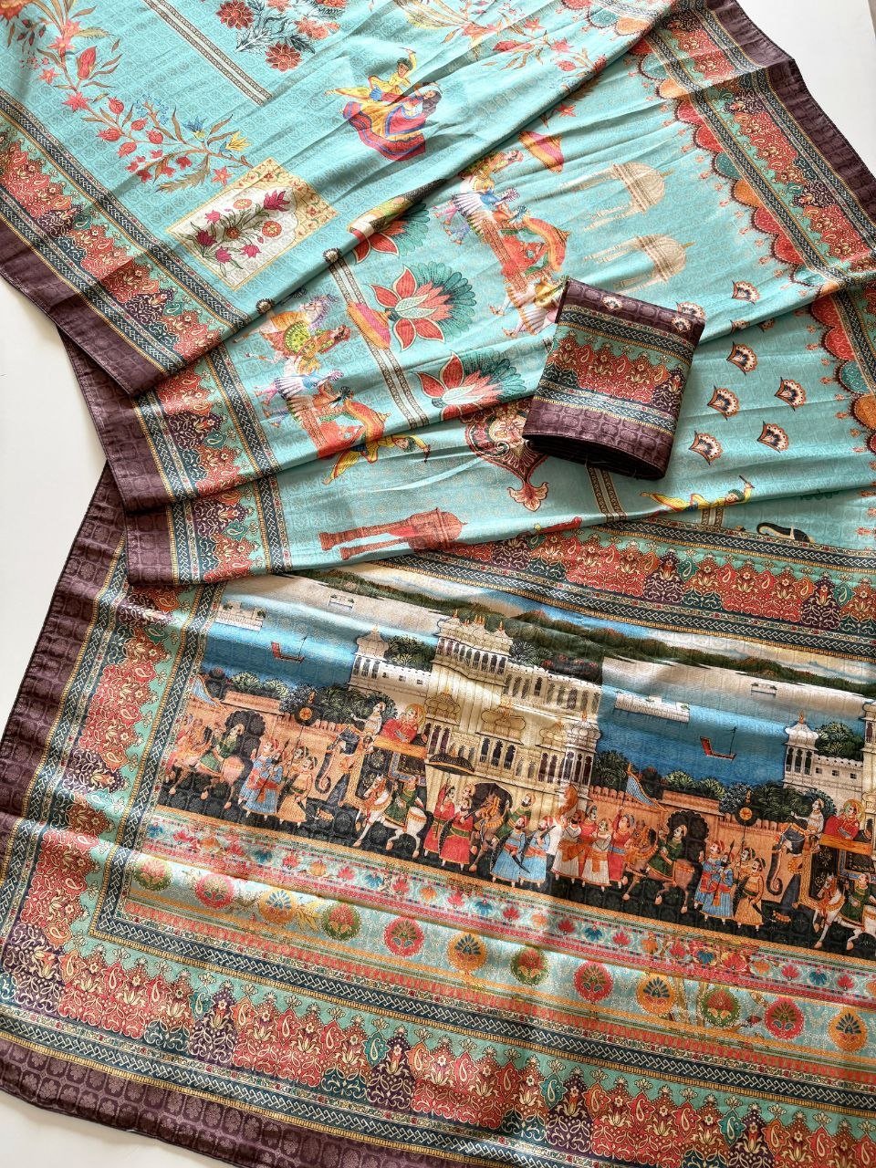 Royal Heritage Digital Print Saree - OCEAN BLUE