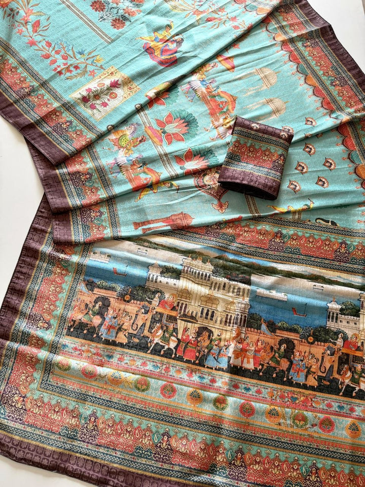 Royal Heritage Digital Print Saree - OCEAN BLUE