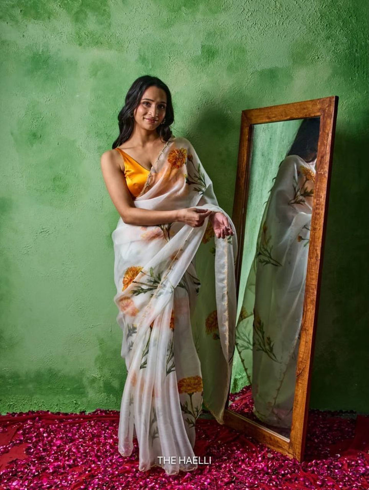 Elegant Floral Printed Tebby Silk Saree with Beads &amp; Katdana Handwork – Designer Party Wear