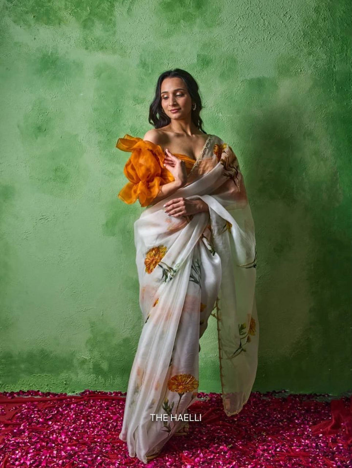 Elegant Floral Printed Tebby Silk Saree with Beads &amp; Katdana Handwork – Designer Party Wear