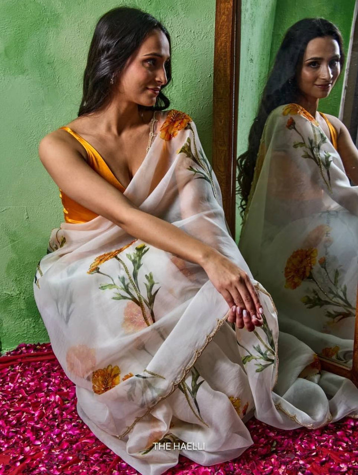 Elegant Floral Printed Tebby Silk Saree with Beads &amp; Katdana Handwork – Designer Party Wear