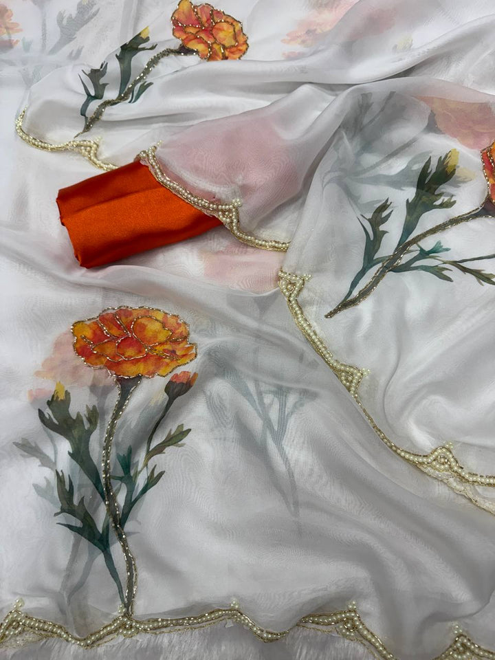 Elegant Floral Printed Tebby Silk Saree with Beads &amp; Katdana Handwork – Designer Party Wear