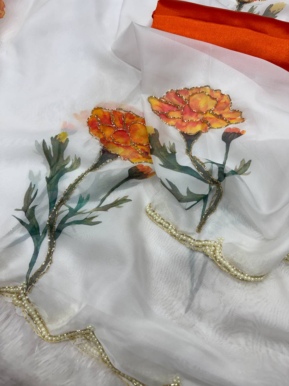 Elegant Floral Printed Tebby Silk Saree with Beads &amp; Katdana Handwork – Designer Party Wear