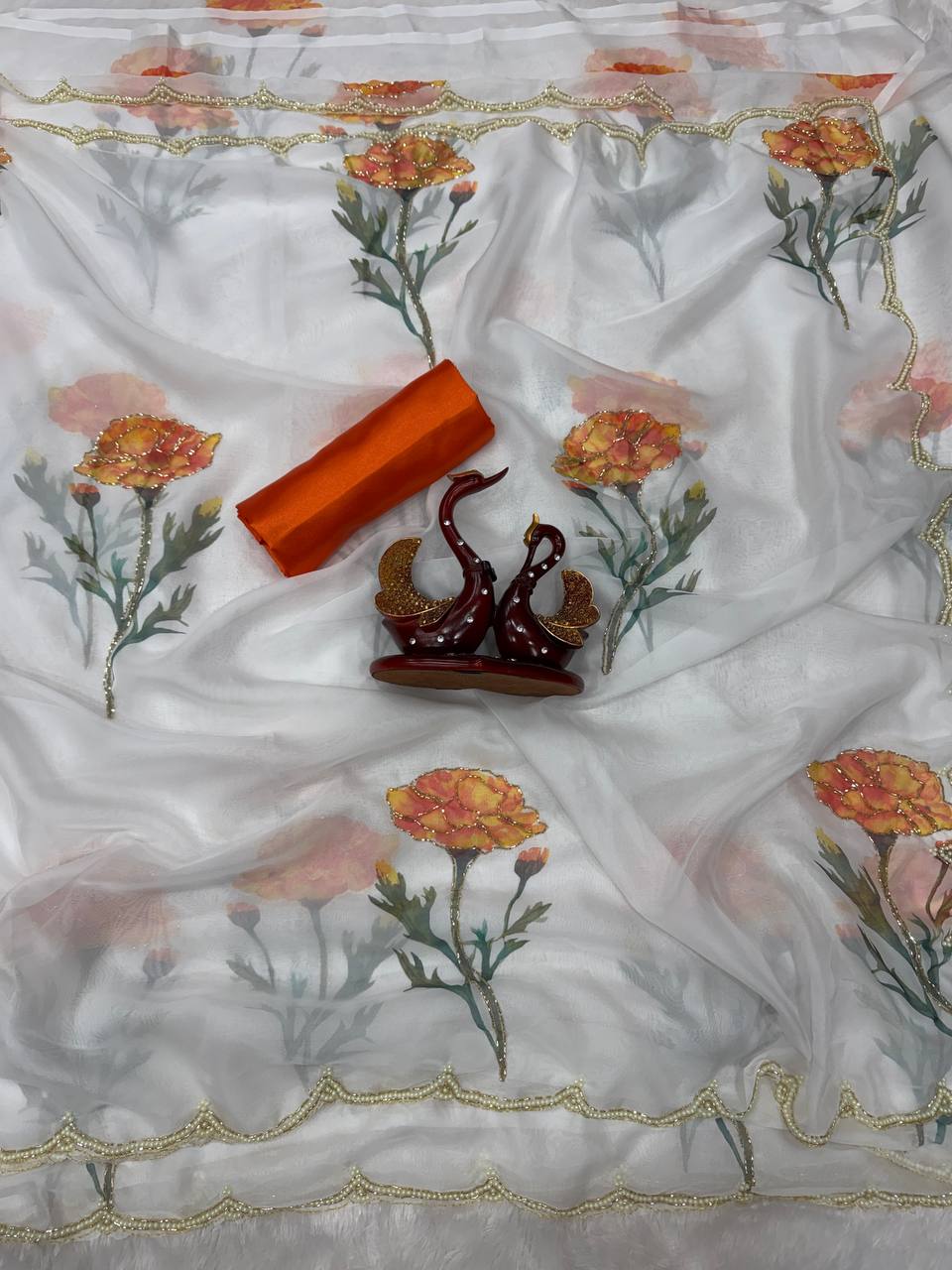 Elegant Floral Printed Tebby Silk Saree with Beads &amp; Katdana Handwork – Designer Party Wear